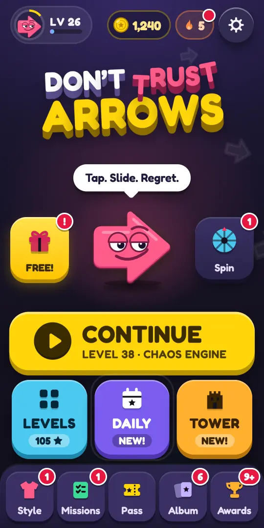 Home screen with Pointy the arrow and the Continue, Levels, Daily and Tower buttons