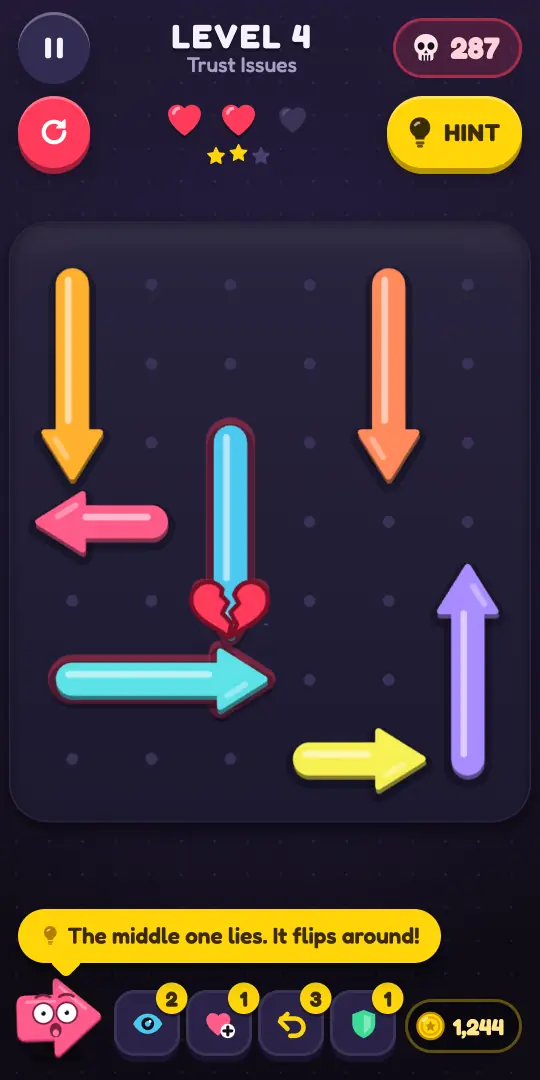 Level 4: an arrow flips after it is tapped and bonks into another