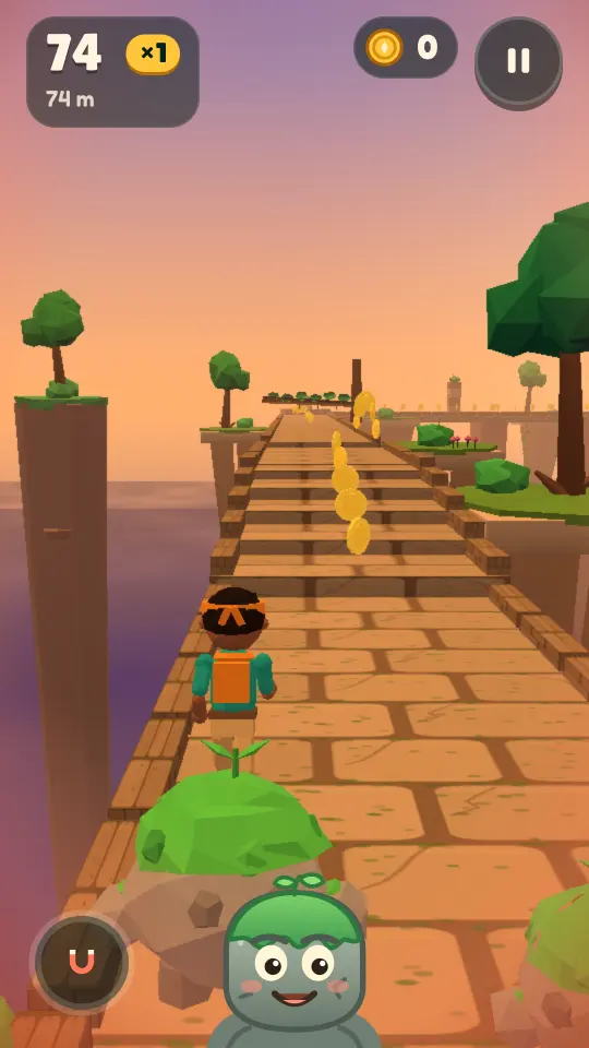 An explorer runs along a cliff-top path in Sunleaf Jungle with a stone golem close behind