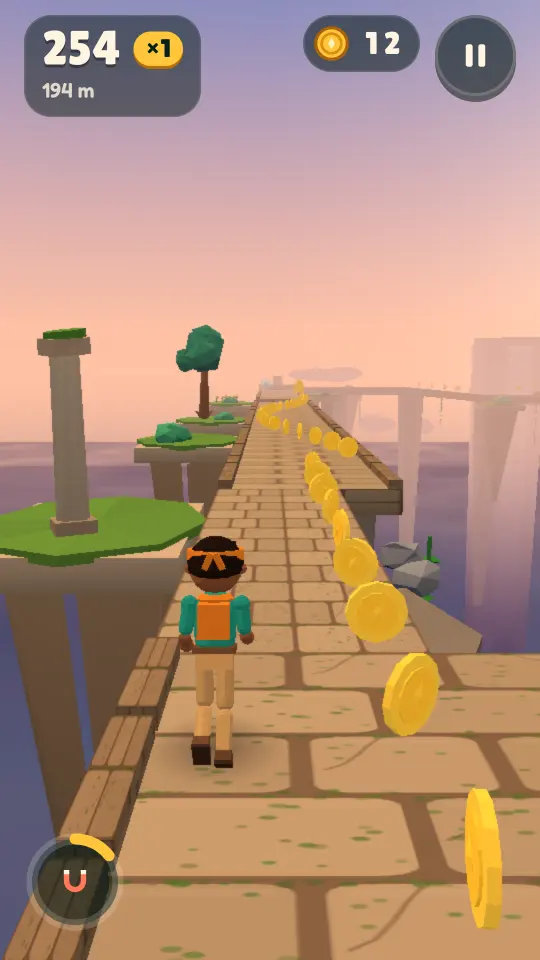 Running past stone pillars and cliffs in Misty Falls, collecting a line of gold coins