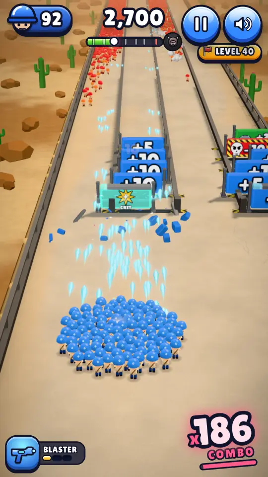 The blue army shooting through +10 gates in the desert world, 186 combo