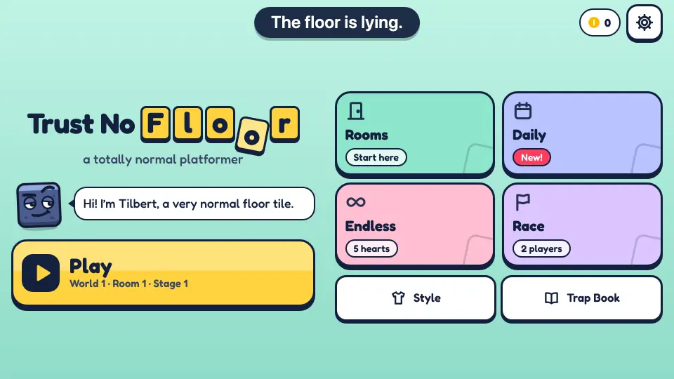 Home screen with Tilbert and the Rooms, Daily, Endless and Race modes